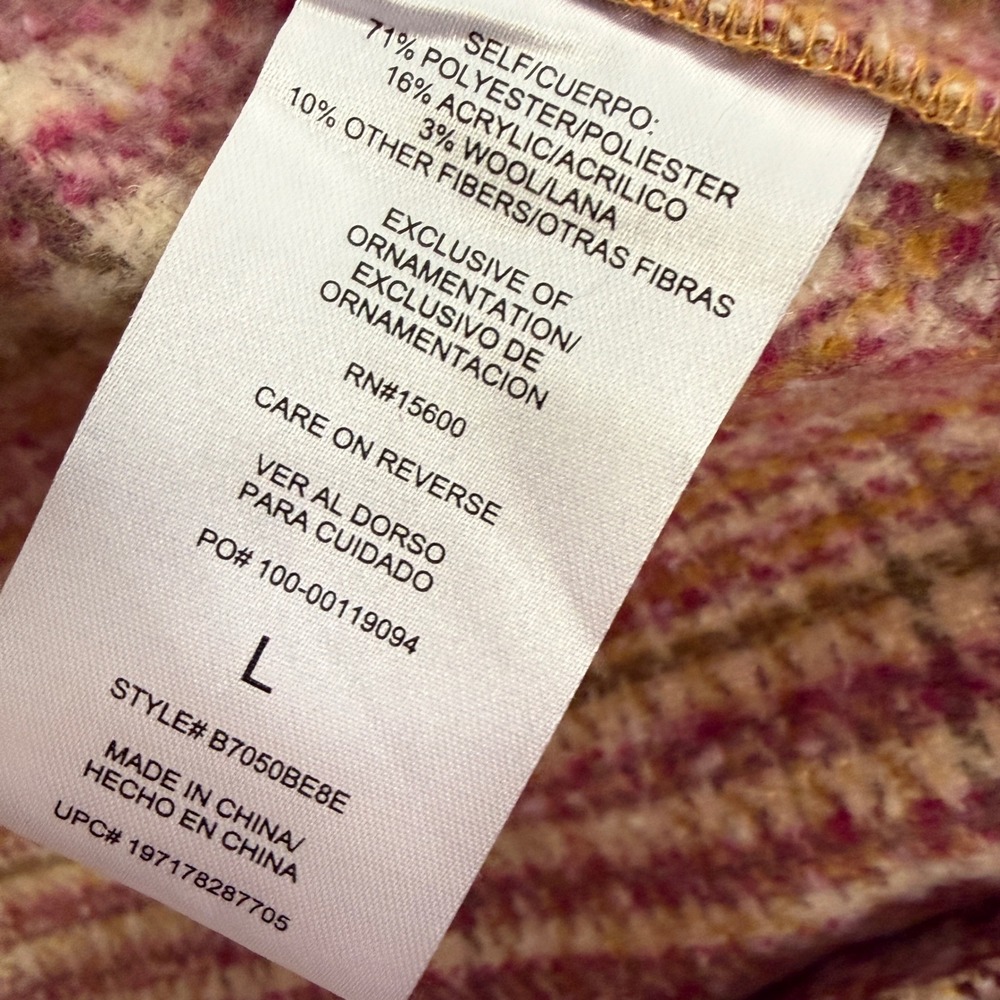Democracy Womens Large Raspberry Multi Plaid Tubular Fringe Coat Attached Scarf - Picture 4 of 15